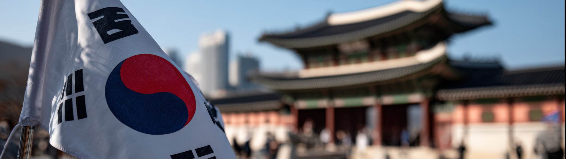 Korean flag in front of a temple