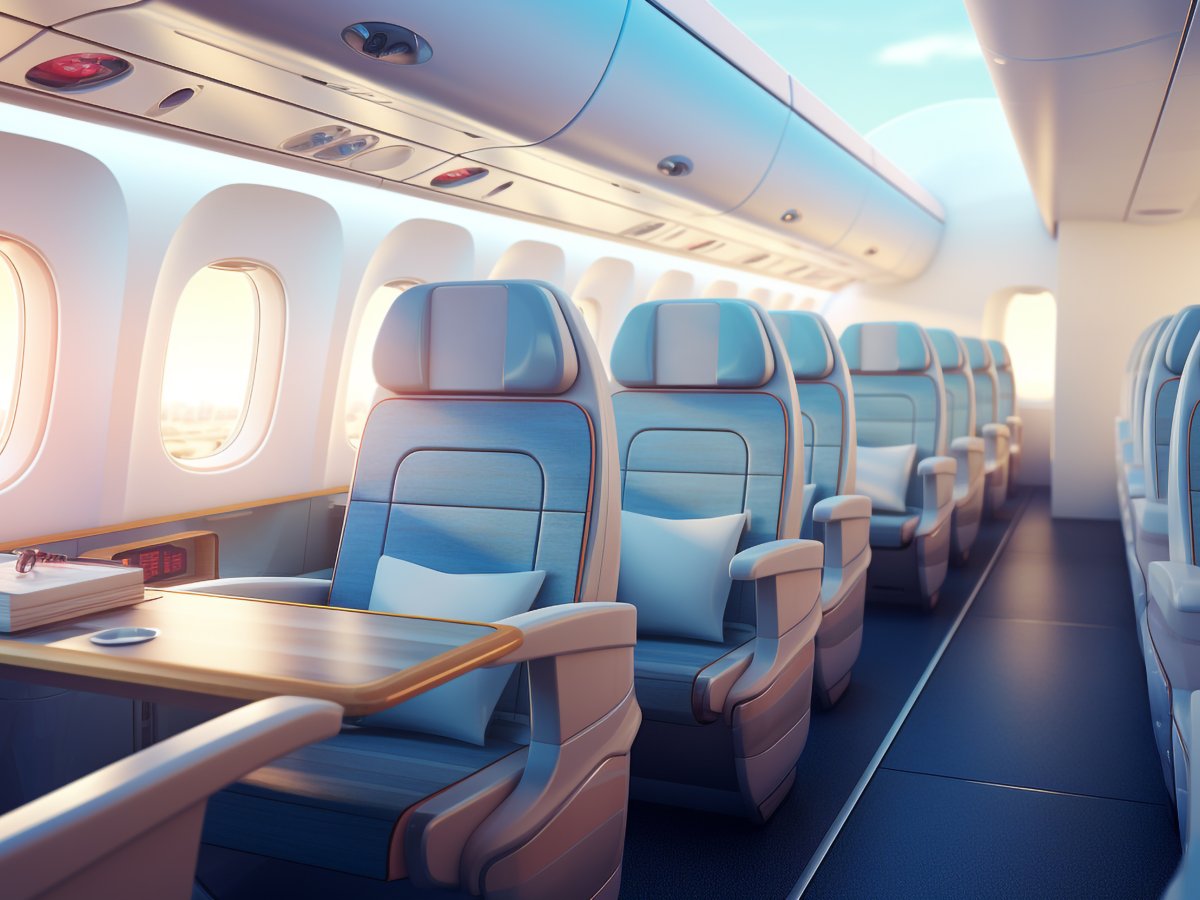 Der Blick in den Mittelgang eines Flugzeugs, welches voll besetzt ist.